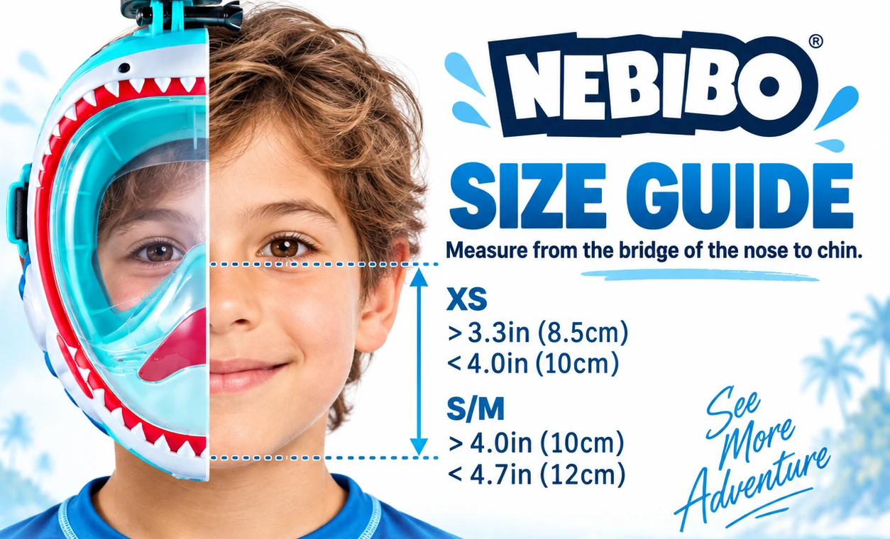 NEBIBO size guide showing nose bridge to chin measurement for XS and S/M